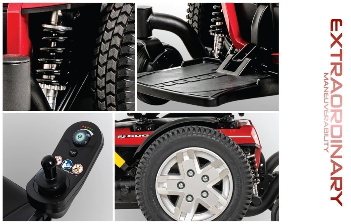 Close-ups of a red mobility scooter's wheel, control panel, and footrest.