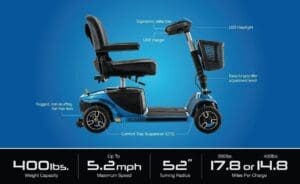 Compact mobility scooter with adjustable seat and LED lights.