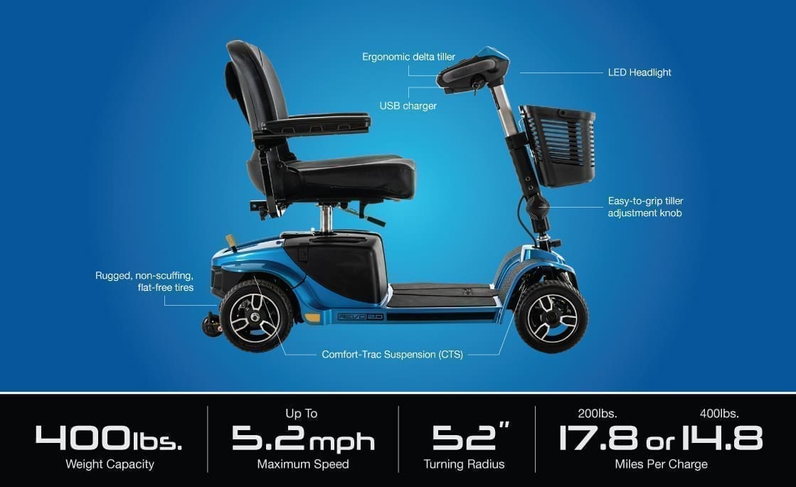 Compact mobility scooter with adjustable seat and LED lights.