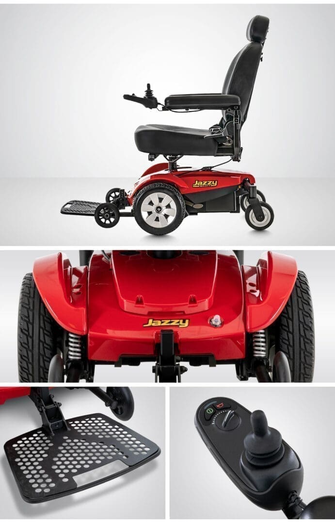 Red mobility scooter with foldable design and detailed close-up shots.