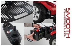 Close-up shots of a red mobility scooter showing the footrest, rear wheel, joystick control, and battery compartment.
