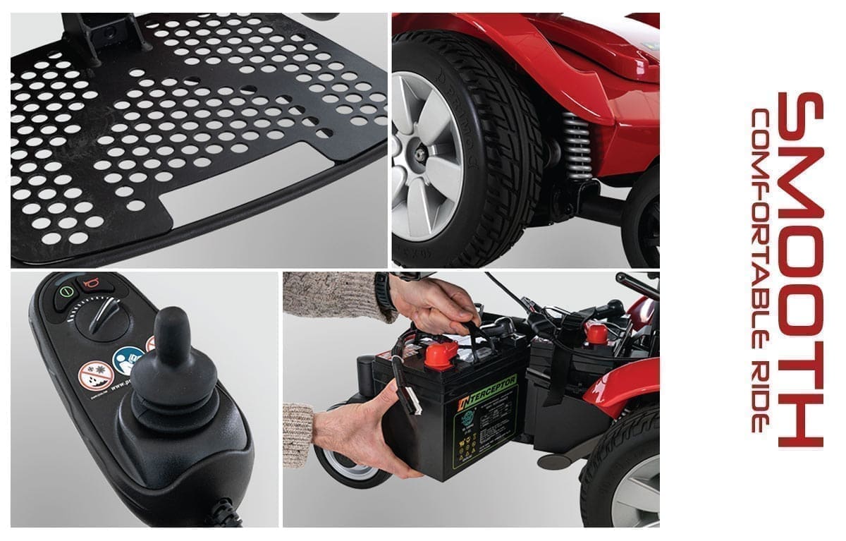 Close-up shots of a red mobility scooter showing the footrest, rear wheel, joystick control, and battery compartment.