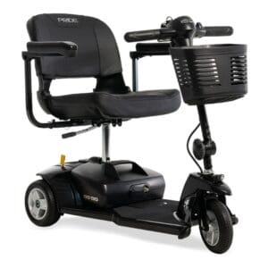 A black mobility scooter with a basket and padded seat.