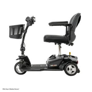 Black three-wheeled mobility scooter with a cushioned seat and adjustable handlebar.