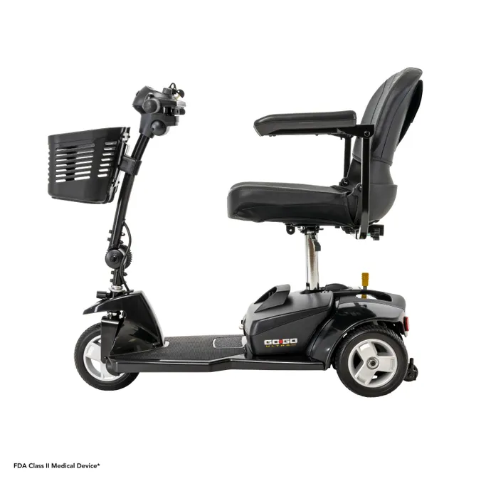 Black three-wheeled mobility scooter with a cushioned seat and adjustable handlebar.