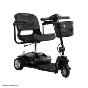 Black mobility scooter with seat and front basket.