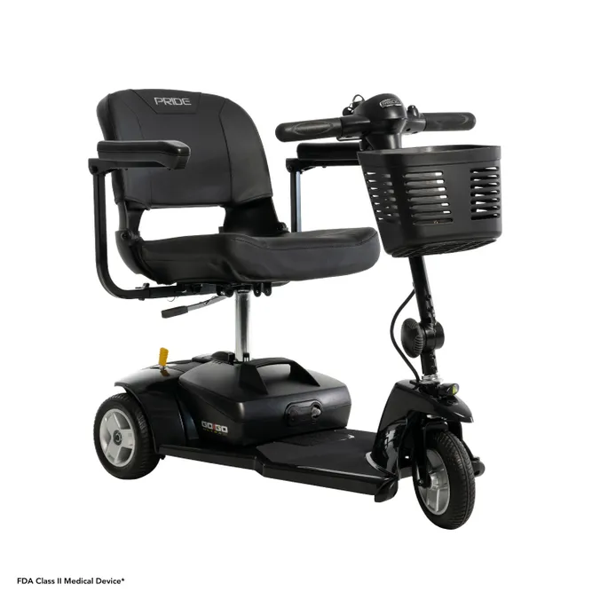 Black mobility scooter with seat and front basket.