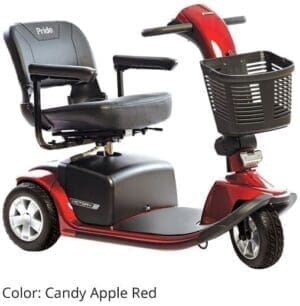 Red mobility scooter with comfortable seat and front basket.
