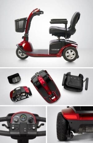 Compact red mobility scooter with foldable design and black seat.