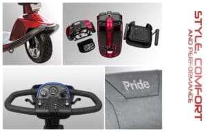 Electric wheelchair components including joystick control and branded fabric.