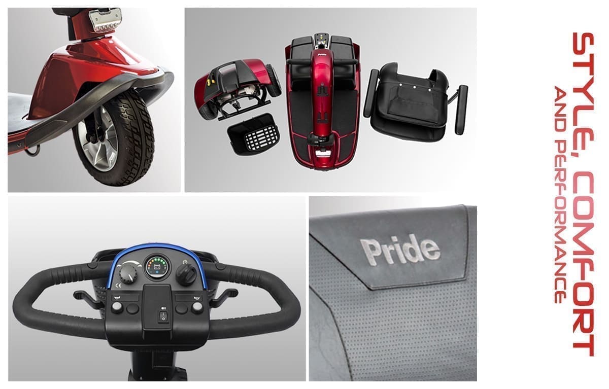Electric wheelchair components including joystick control and branded fabric.