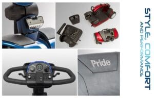 Collage of various mobility scooter parts and controls.