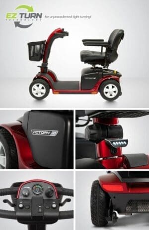 A red mobility scooter with detailed close-ups of its wheels, seating, and controls.