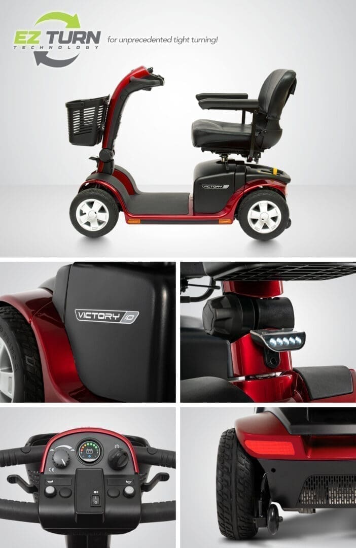 A red mobility scooter with detailed close-ups of its wheels, seating, and controls.