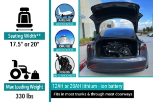 Collapsible electric bike with a 20" tire, 12Ah lithium-ion battery, and cruise control.