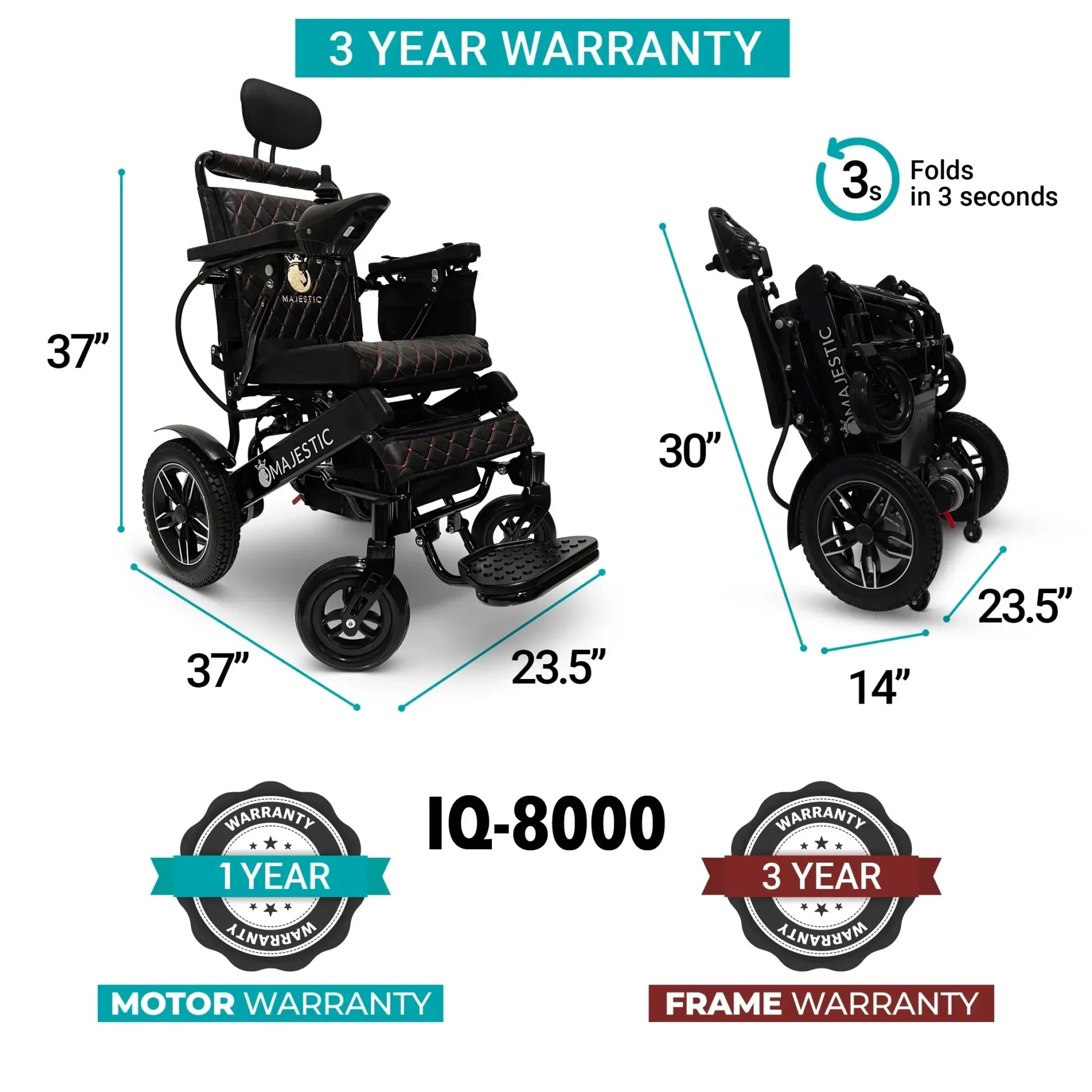 Black IQ-8000 wheelchair with 3-year warranty and motorized functions.
