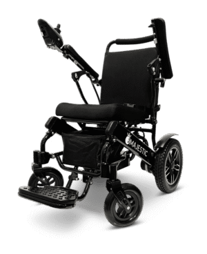 A modern electric wheelchair with padded seating and adjustable features.