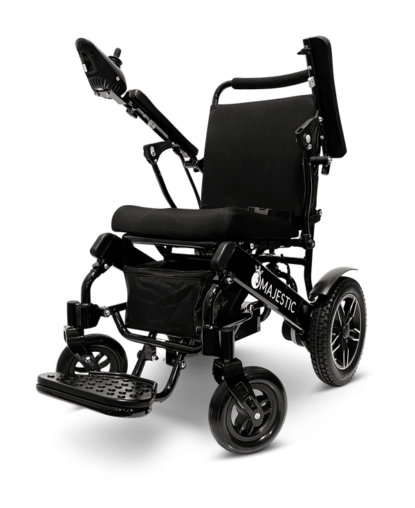 A modern electric wheelchair with padded seating and adjustable features.