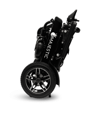 Black golf bag with clubs and a wheel for easy transport.