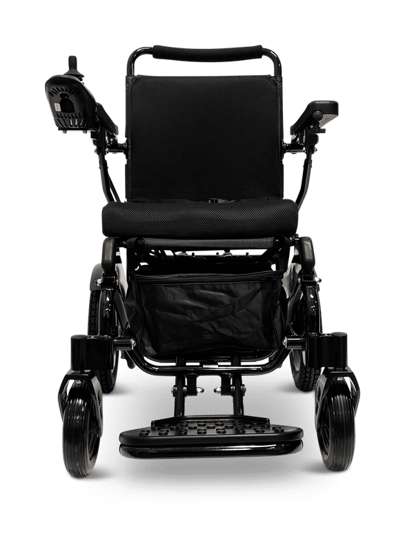 Front view of a modern black motorized wheelchair with padded seat and armrests.