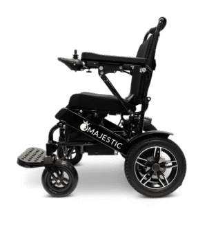 A sleek black electric wheelchair with sturdy wheels and a comfortable seat.