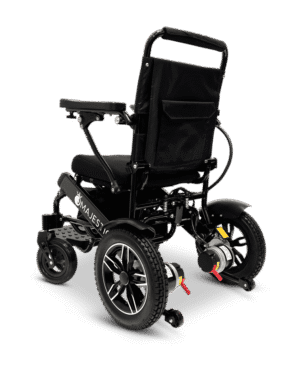 Modern electric wheelchair with robust design and large wheels.