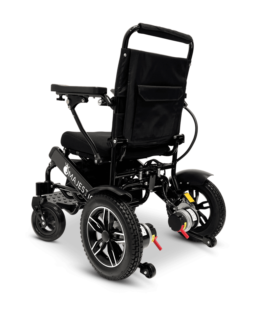 Modern electric wheelchair with robust design and large wheels.