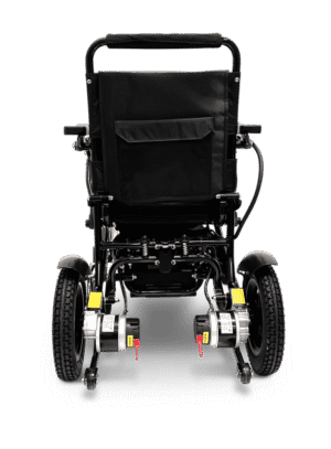 Front view of a black electric wheelchair with large wheels and sturdy frame.