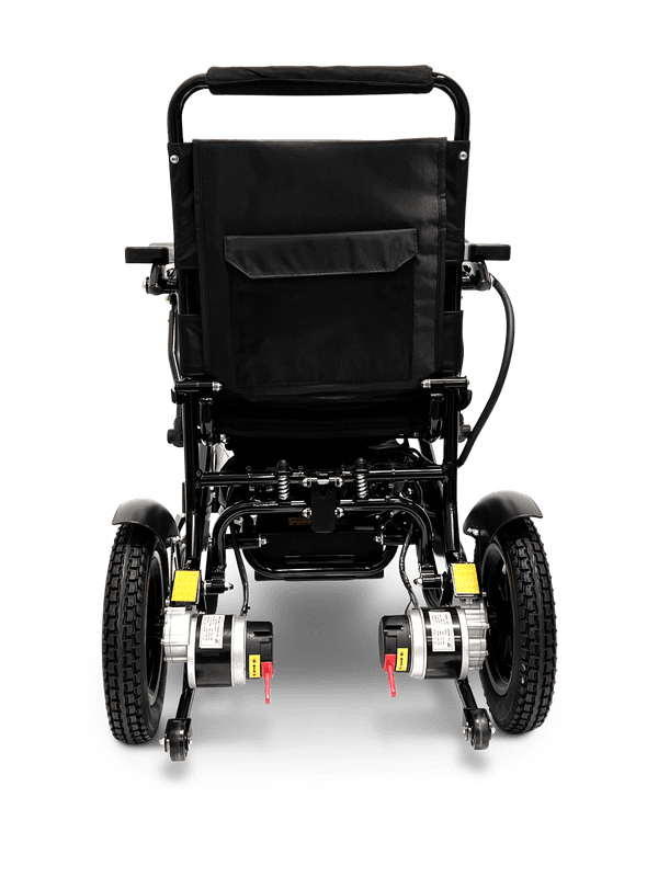 Front view of a black electric wheelchair with large wheels and sturdy frame.