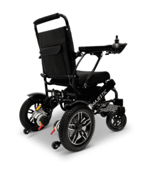 Black motorized wheelchair with a high backrest and control joystick.