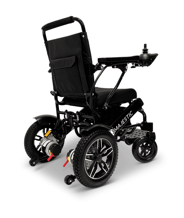 Black motorized wheelchair with a high backrest and control joystick.