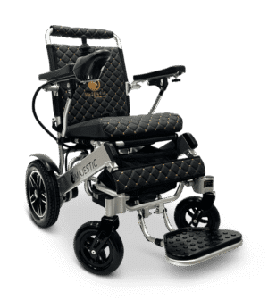 Modern electric wheelchair with rugged wheels and cushioned seat.