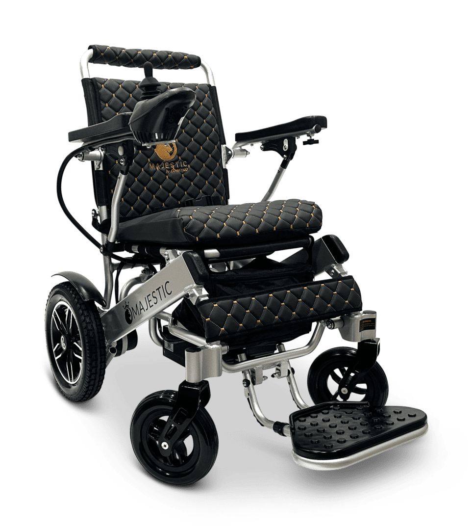 Modern electric wheelchair with rugged wheels and cushioned seat.