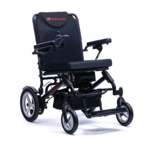 Compact electric wheelchair with black cushioned seat and armrests.
