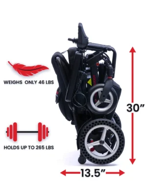 Compact folded stroller weighing 46 lbs, supports up to 265 lbs.
