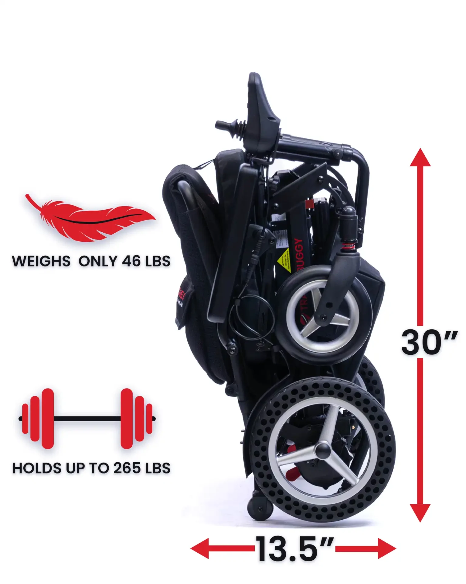 Compact folded stroller weighing 46 lbs, supports up to 265 lbs.