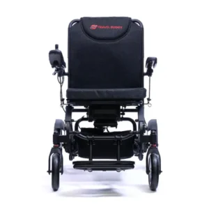 Black electric wheelchair with sturdy frame and four wheels.