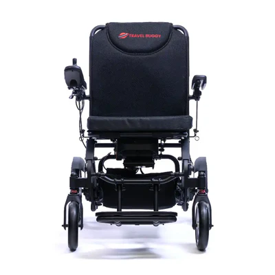 Black electric wheelchair with sturdy frame and four wheels.
