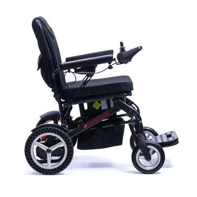 Compact black electric wheelchair with joystick control and sturdy wheels.