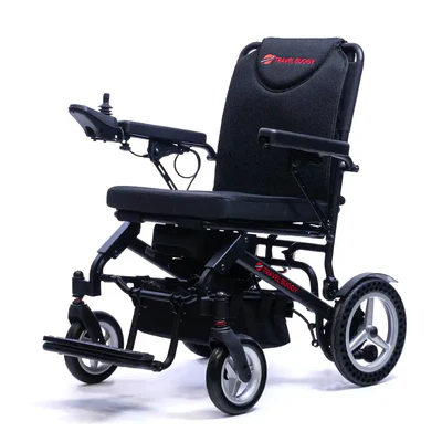 Compact black electric wheelchair with modern design and control joystick.
