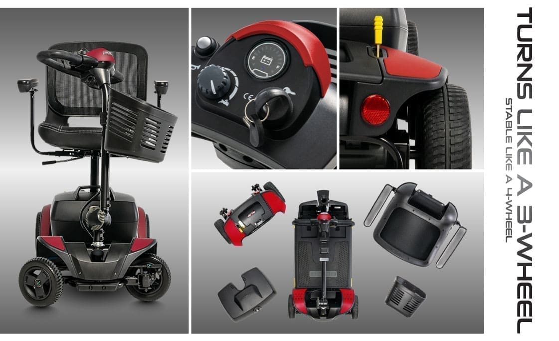 Collage of a compact red and black mobility scooter from various angles and features.