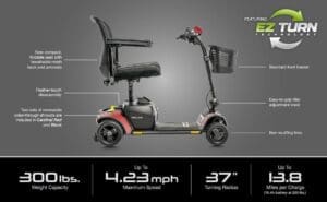Four-wheel mobility scooter with adjustable seat and speed display.