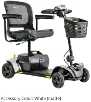 Compact four-wheeled mobility scooter with a basket and cushioned seat.