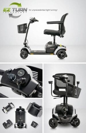 A sleek mobility scooter with detailed close-ups of controls and seat.