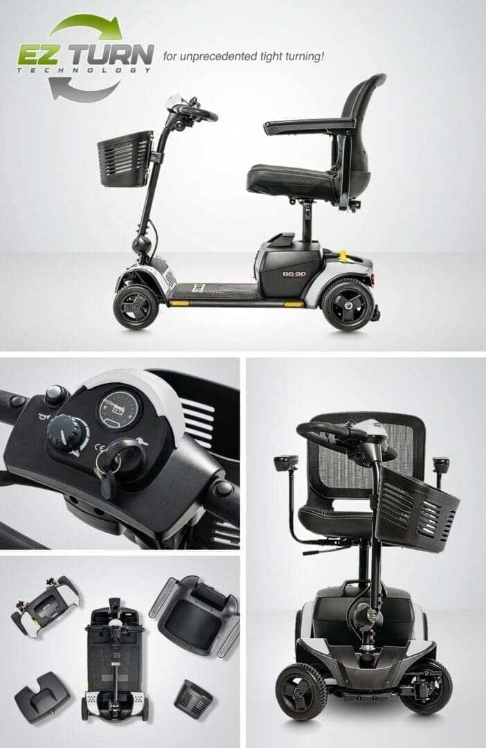 A sleek mobility scooter with detailed close-ups of controls and seat.
