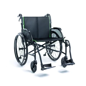 A black manual wheelchair with large rear wheels and footrests.
