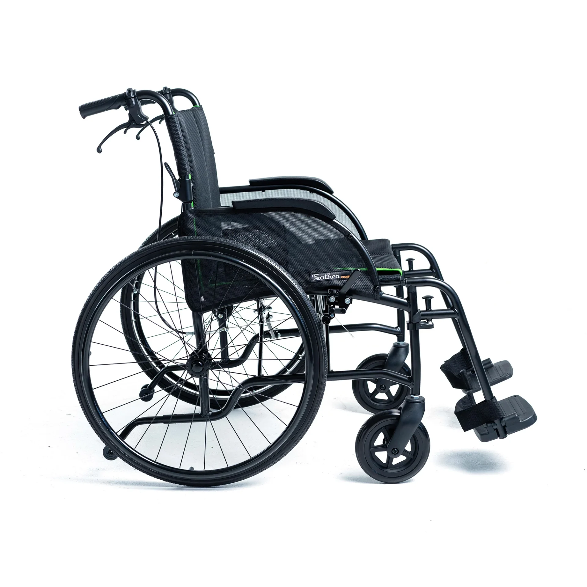 A black manual wheelchair with large rear wheels and footrests.