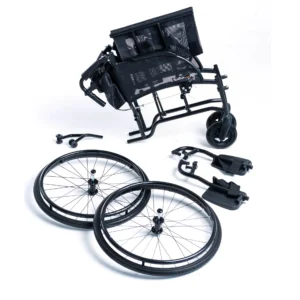 Disassembled black wheelchair with wheels and footrests.