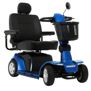 A black and blue electric mobility scooter with a comfortable seat and basket.