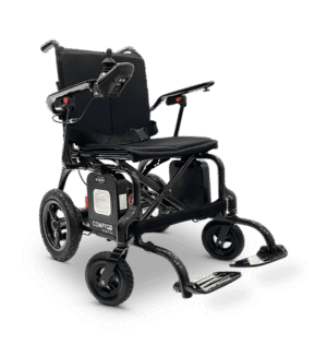 A modern electric wheelchair with padded seating and footrests.